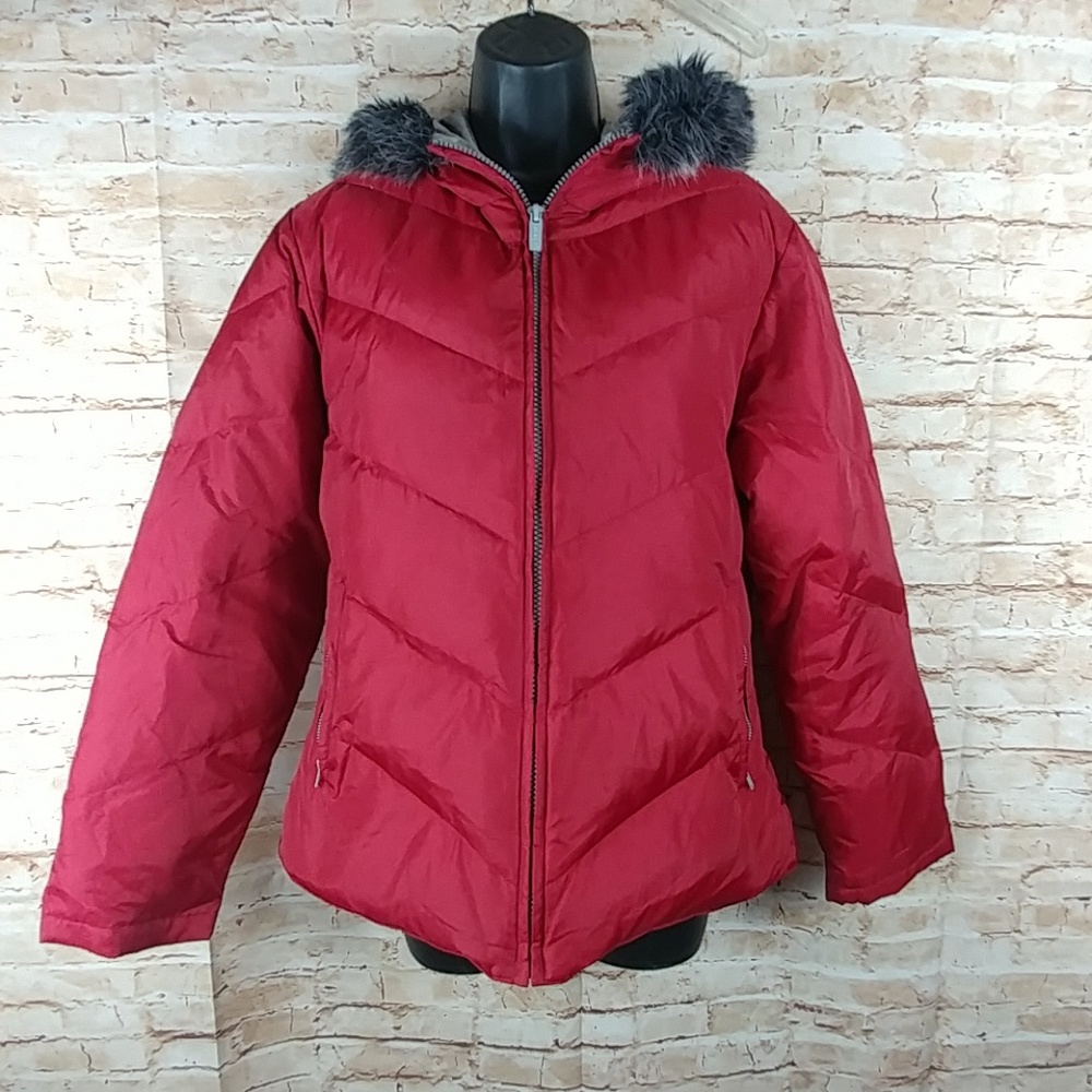 Express World Brand PARKA Red fur trim hood Sz 14